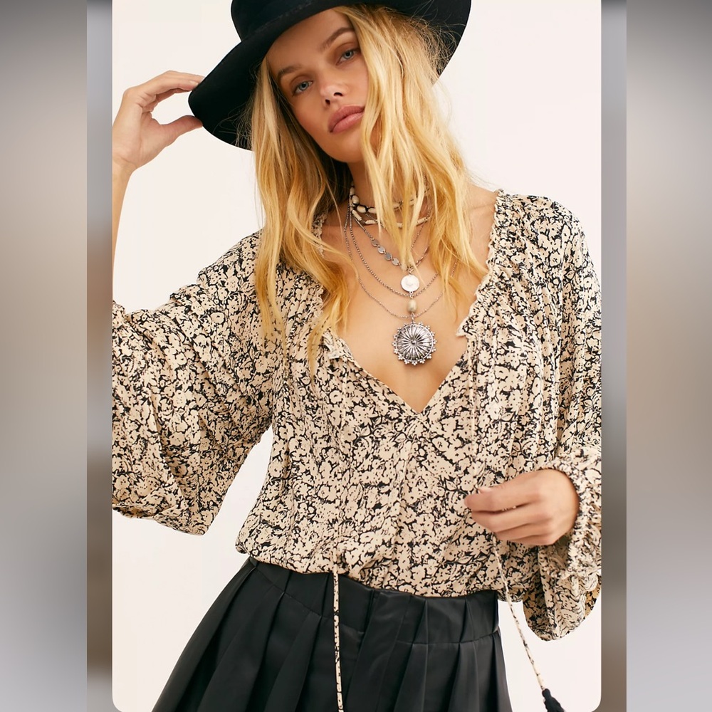 Free People Top Women Small Bodysuit Balloon Sleeve Blouse Shirt Floral Boho B8